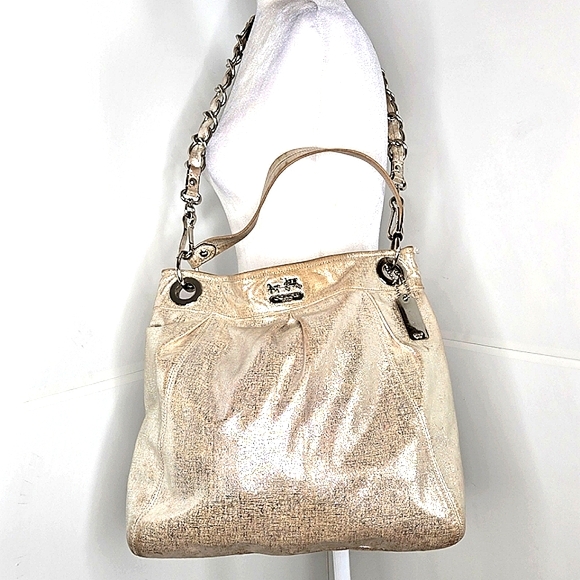 Coach Madison metallic silver beige hippie hobo/shoulder tote bag thatch design - Picture 3 of 17